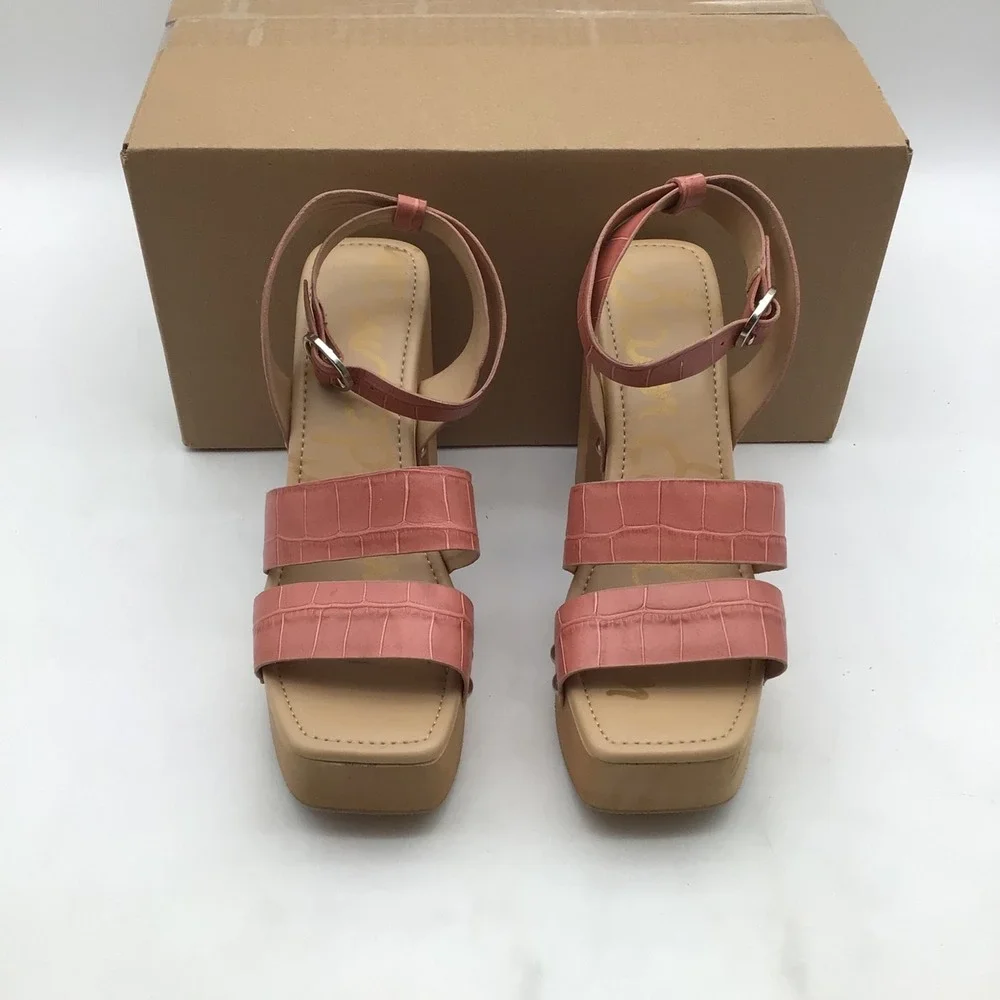 Sam Edelman Rosalind Pink Croc Leather Platform Block Heel Sandals Size 7.5M NEW
